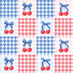 hounds tooth seamless patchwork pattern bow ribbon. Tartan check for tablecloths, napkins, clothes, packaging. Cute childish vector background, pastel palette, girlish, red and blue