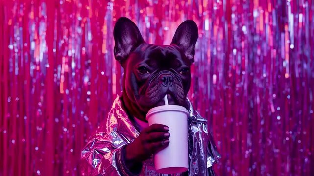 French Bulldog in Shiny Silver Jacket Drinking from Cup with Straw Against Pink Curtain Background