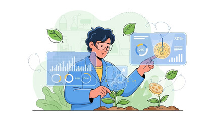 Scientist analyzing plant growth data on futuristic interface.