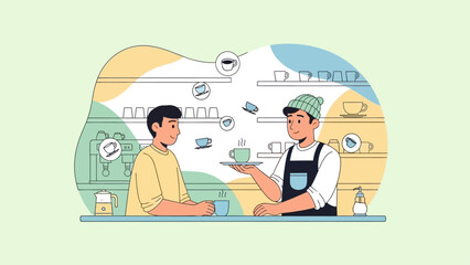 Barista serving coffee to a customer in a modern cafe.