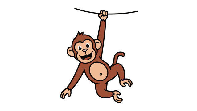 Happy cartoon monkey hanging from a vine