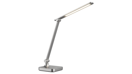 Modern adjustable silver desk lamp with long arm and rectangular base on white background