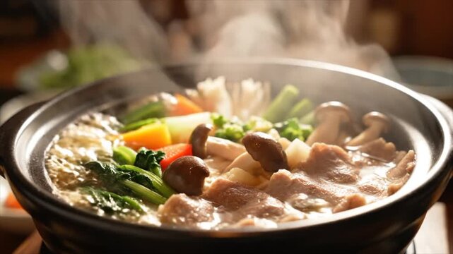 湯気の立ち上る鍋料理をぼかした背景素材