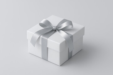 Clean white square gift box with a light gray or silver satin ribbon and bow on a plain light background mockup