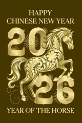 Golden horse illustration for 2026 chinese new year celebration on red background symbolizing strength and prosperity, vector eps