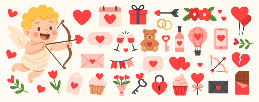 Valentines day elements illustrations vector set. Cute cartoon clipart for day of lovers.