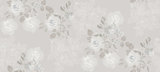 Flowers and leaves roses in vintage style, seamless pattern.	