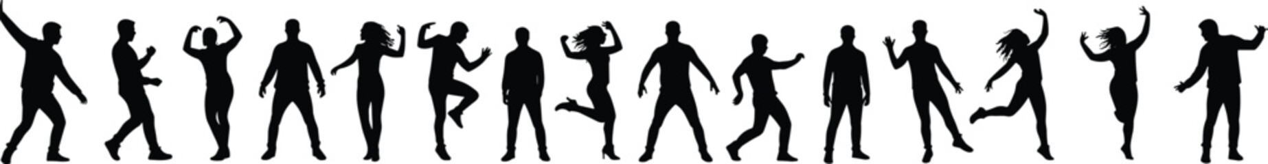 Silhouette of dancers in various poses celebrating dance, movement, joy, and energy on a white background, perfect for dynamic, active, and expressive stock illustrations
