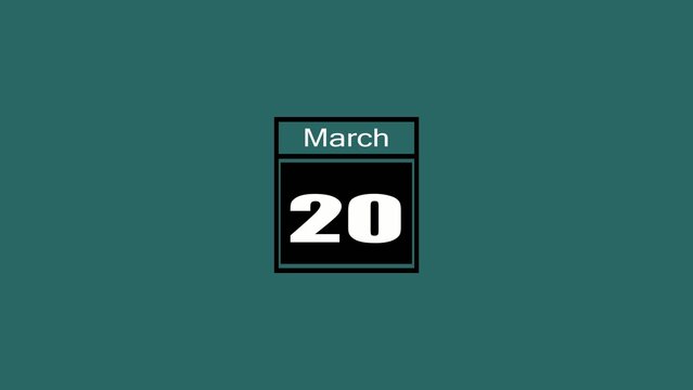 Calendar showing March 20 on a solid teal Generate title without using the word "Title:" before it. background with black and white date block twenty
