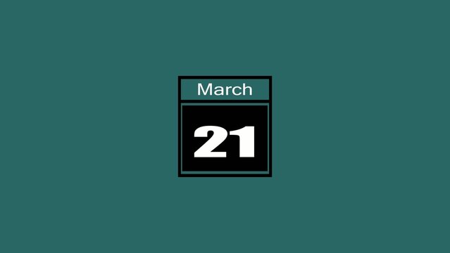 Calendar showing March 21 on a solid teal Generate title without using the word "Title:" before it. background with black and white date block twentyone