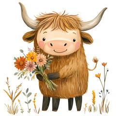 Watercolor Highland cow . Perfect for adding a rustic yet whimsical touch to your designs. ideal for greeting cards, invitations, nursery art, and other creative projects