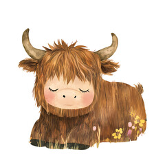 Watercolor Highland cow . Perfect for adding a rustic yet whimsical touch to your designs. ideal for greeting cards, invitations, nursery art, and other creative projects