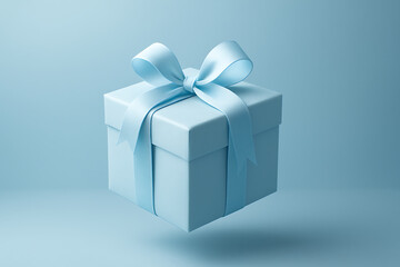 Obraz premium Pale blue square gift box with light blue satin ribbon and bow floating on a solid background mockup
