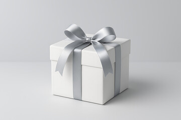 Fototapeta premium Clean white square gift box with a beautiful silver ribbon bow centered on a bright light gray studio background simple luxury mockup