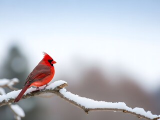 A bright red cardinal perched on a snowy branch in winter