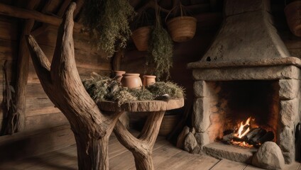 Cozy rustic interior with a crackling fireplace and unique wooden table.