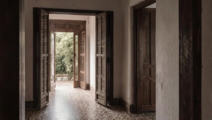 Obraz premium Interior hallway with open doors leading to a balcony and lush greenery outside.