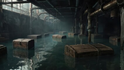 Mysterious flooded industrial warehouse with submerged crates and pipes.