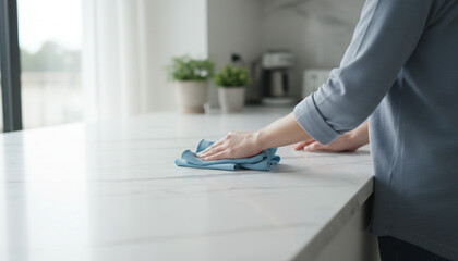 白い大理石のキッチンを拭く日本人の手元 仕上げ