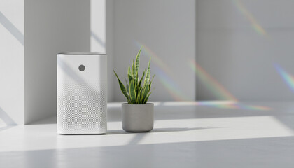 小さな観葉植物の隣にあるミニマルな空気清浄機 家電