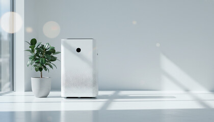 小さな観葉植物の隣にあるミニマルな空気清浄機 クリーンな空気