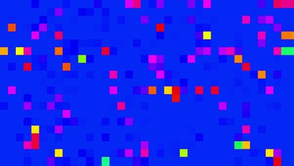 Colorful pixelated squares scattered randomly on a blue Generate title without using the word "Title:" before it. background