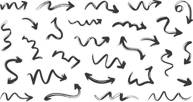 Collection of hand drawn black squiggly arrows white