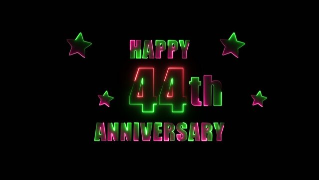 Colorful neon Happy 43rd Anniversary text with glowing green and pink stars on Generate title without using the word "Title:" before it. black forty-three