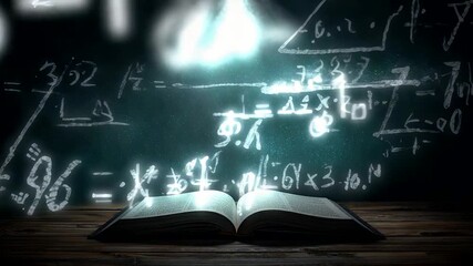 Open Book with Glowing Mathematical Formulas and Equations Floating Above Pages in Dark Background - Powered by Adobe
