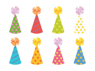 Happy new year and birthday party elements. Vector set of funny cone hats with large ribbons isolated on white background