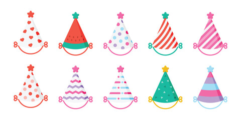 Colorful party caps collection with various patterns. Birthday hats with hearts, stripes, dots and watermelon design vector illustration
