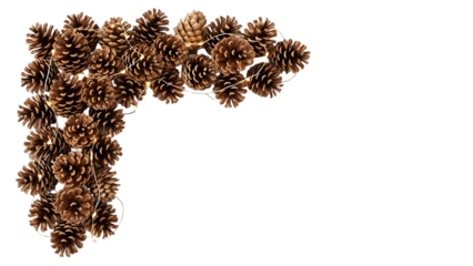Decorative natural pine cone corner border with illuminated fairy lights on a black background
