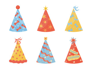 Kids birthday party decoration set. Festive paper hats with cute bows and sparkles isolated on white background