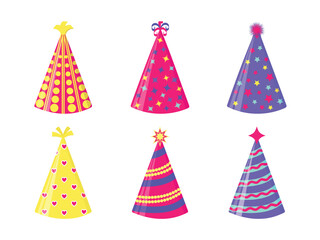 Vector set of bright colorful birthday party hats. Collection of festive caps with stars, dots and hearts patterns isolated on white  background