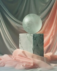 Light and shadow on sculptural green cube and clear orb arranged on draped fabric in interior decor shot