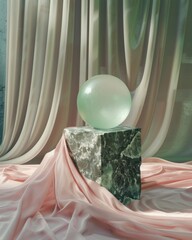 Serene still life of natural mineral shapes &mdash; pale green cube and glass ball in a minimalist daylight setting