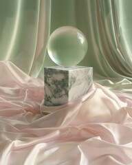 Elegant interior decor with semi-precious gemstone shapes &mdash; cube and orb on silky fabric with soft shadows