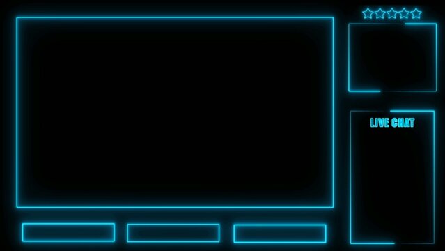 Cyan neon streaming overlay with glowing outlines on Generate title without using the word "Title:" before it. black background including live chat and rating stars