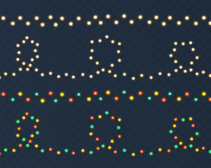 Vector illustration. Light illuminating garland in yellow and colorful color on dark background.