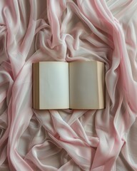 Storytelling concept with book on pink fabric, dreamy and refined setting