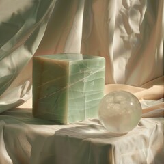 Minimalist still life with green onyx cube and crystal ball on draped fabric, lit by soft morning light