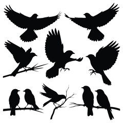 Obraz premium Silhouettes of birds in flight and perched on branches a dark aesthetic
