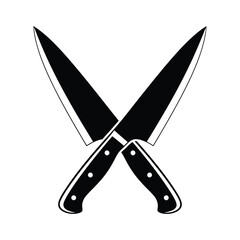 Two crossed kitchen knives with black blades and dark wooden handles