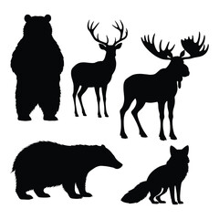 Silhouettes of a bear deer moose fox and another bear standing together