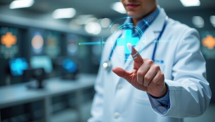 Digital health innovation doctor interacting with medical technology in a modern clinic environment