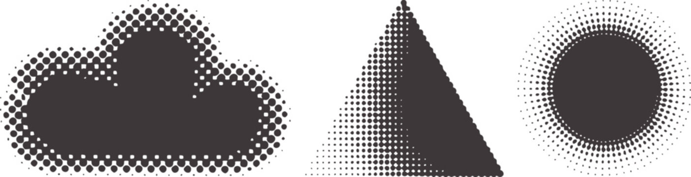 Minimalist black halftone shapes cloud triangle circle