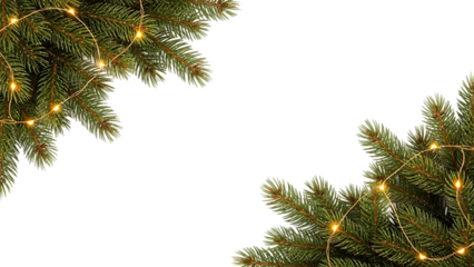 Festive corner frame featuring fir tree branches adorned with glowing string lights on black