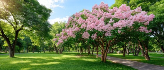 Obraz premium Charming cherry blossom tree in vibrant bloom on sunny spring day in a serene park setting surrounded by lush green grass