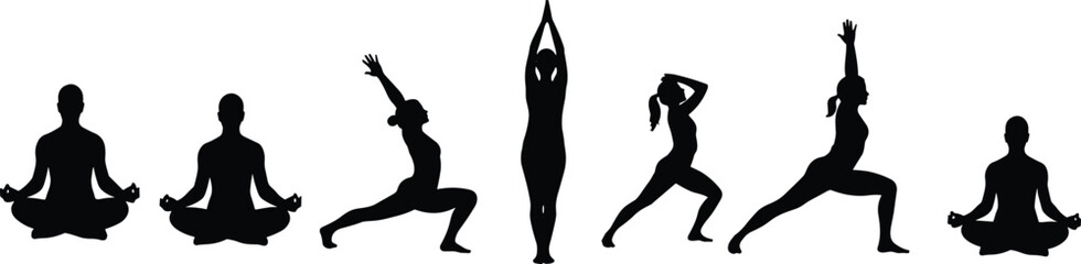 Fototapeta premium Silhouette group practicing yoga poses, meditation, fitness exercise, wellness routine, flexibility training, healthy lifestyle concept, balance mind body, vector illustration, black white graphic