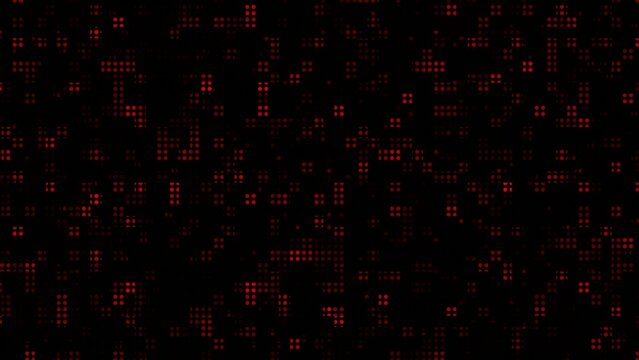 Dense red pixel grid pattern with small clusters of illuminated dots on a Generate title without using the word "Title:" before it. black background pixels